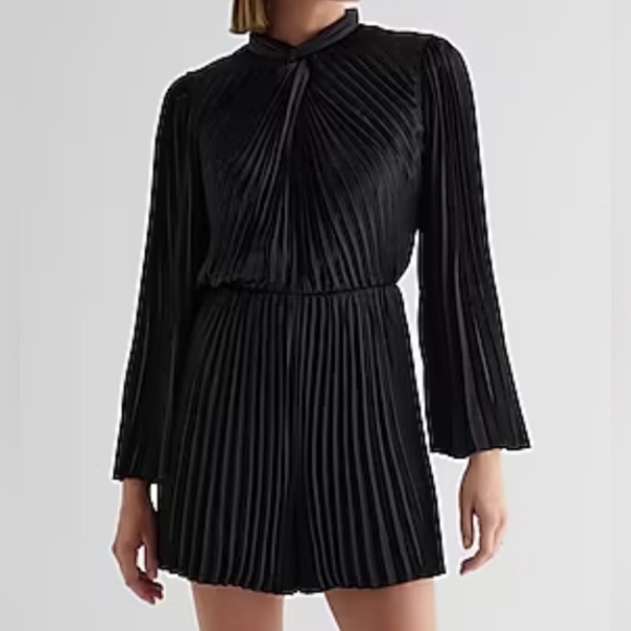Express Pants - NWT Express black satin pleated twist neck long sleeve romper size small